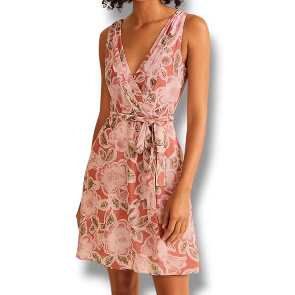 Loft Outlet Floral Faux Wrap Dress Womens Large Peach Rose Summer Wedding - Picture 14 of 14